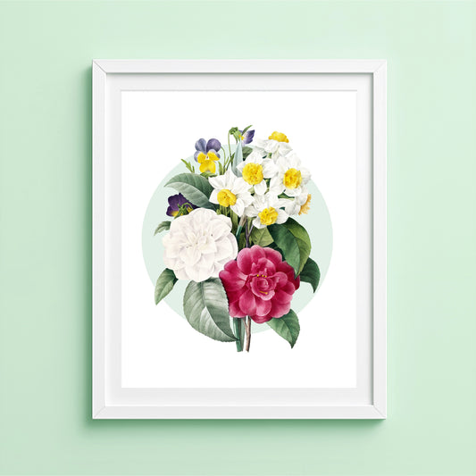 Vintage camellia narcissus and pansy bouquet print with circular background and detailed floral illustration