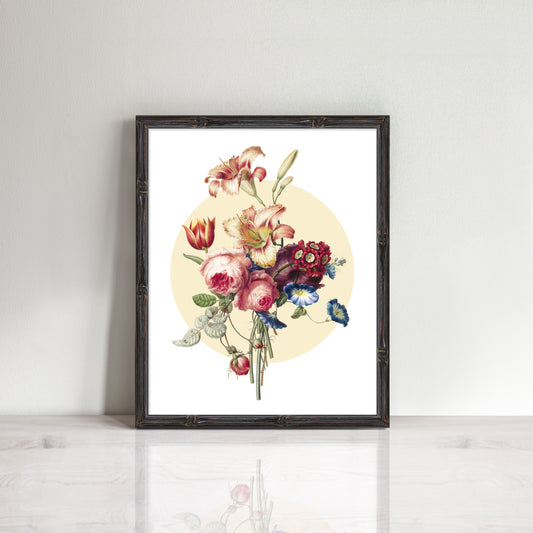 vintage print of bouquet of lilies, roses and other flowers