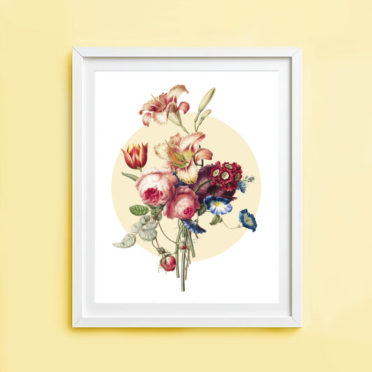 Vintage lilies and roses bouquet botanical print with soft floral arrangement and neutral background