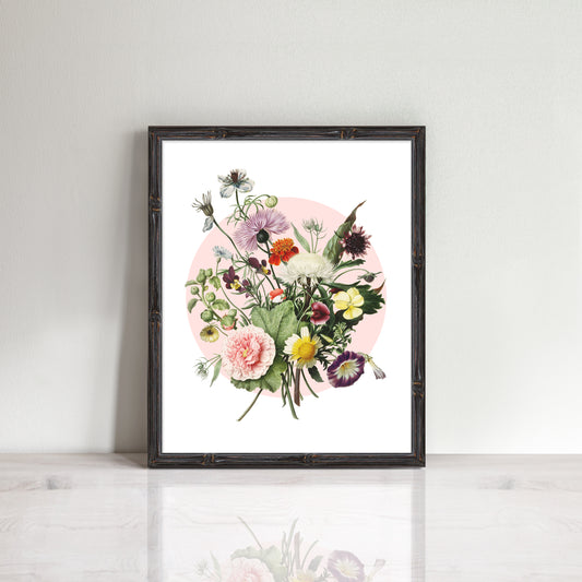 vintage print of bouquet of flowers with pink