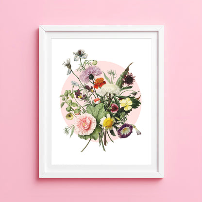 Vintage pink floral bouquet print with circular background and soft botanical illustration