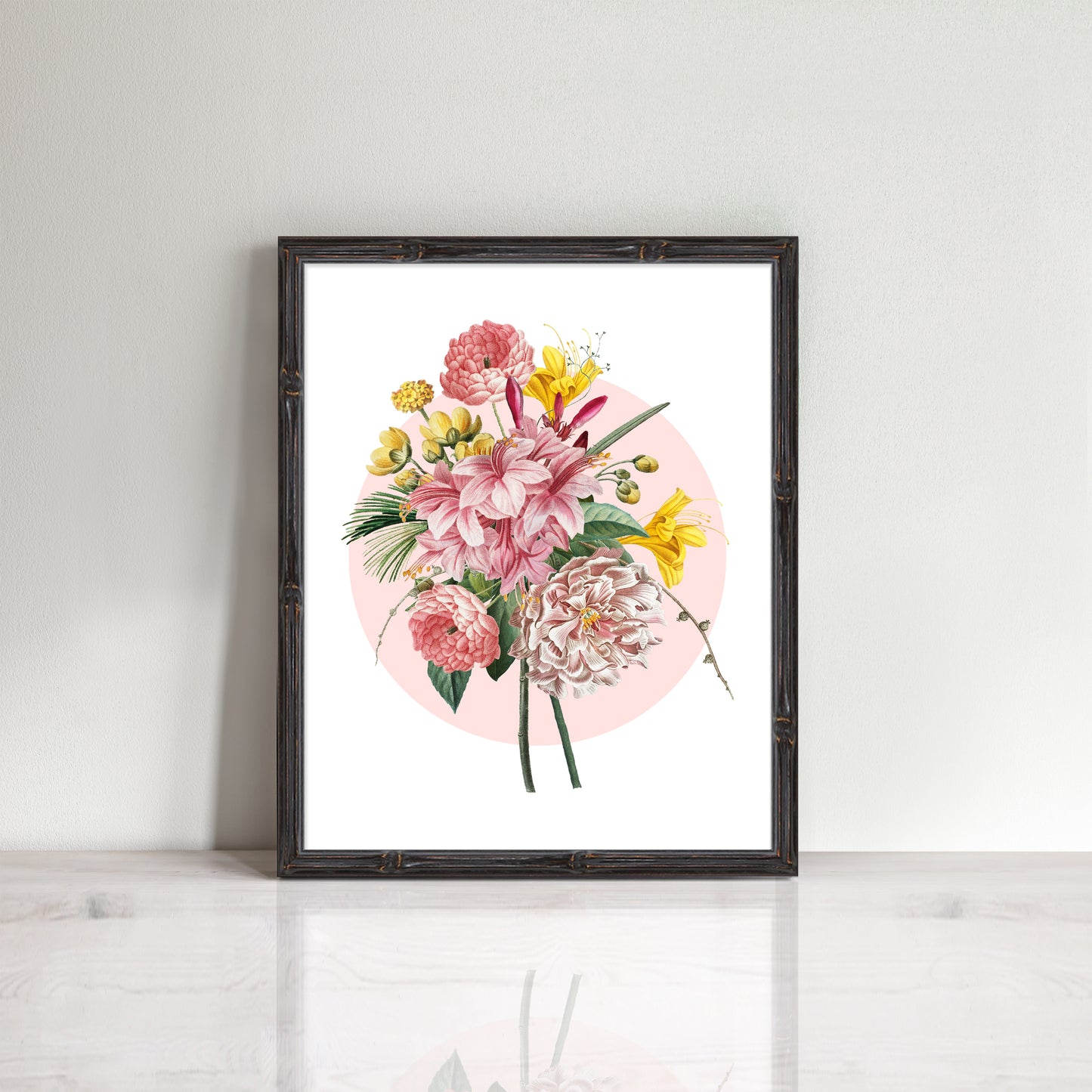 print of bouquet of pink and yellow flowers with pink circle behind