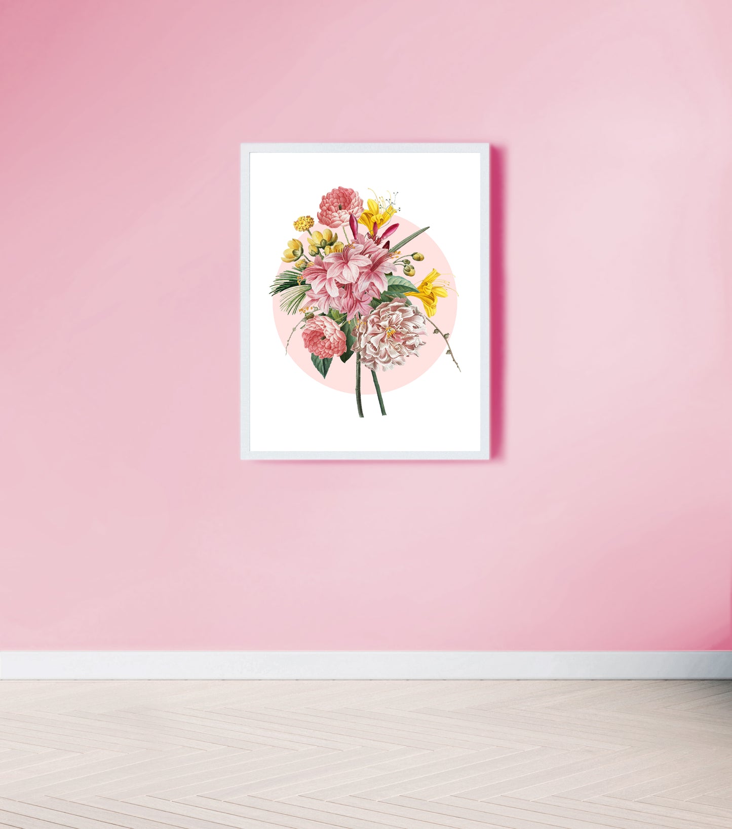 Vintage floral pink and yellow bouquet print