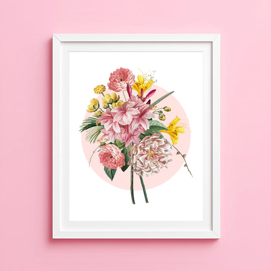 Vintage inspired pink and yellow bouquet print with circular background and soft floral illustration