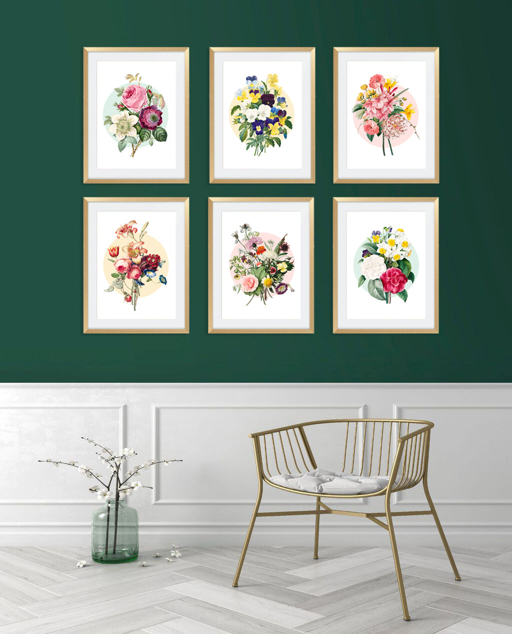 set of botanical prints in green room