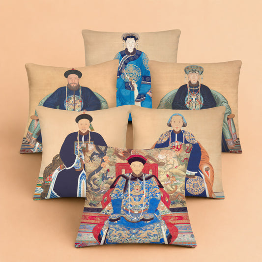 Collection of chinoiserie cushion covers featuring traditional Chinese ancestor portraits and Qing dynasty inspired artwork with ornate robes and historical details.