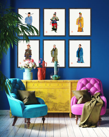 eclectic maximalist blue room with Chinese art chinoiserie wall art prints - men in Chinese costume portraits