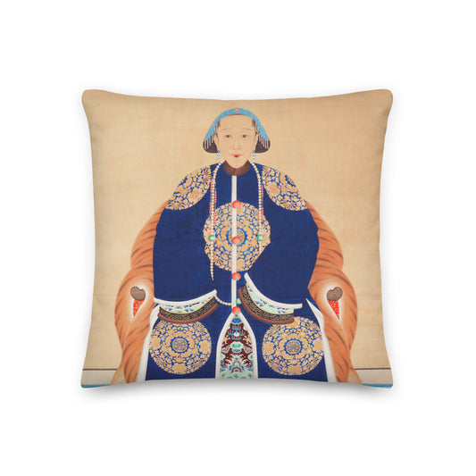 a Chinese woman wearing a headdress on a cushion cover