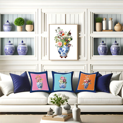 Hamptons style living room with a white couch. Six navy blue pillows on the couch, arranged neatly three of them with floral ginger jar design and a large floral ginger jar prints on the wall above