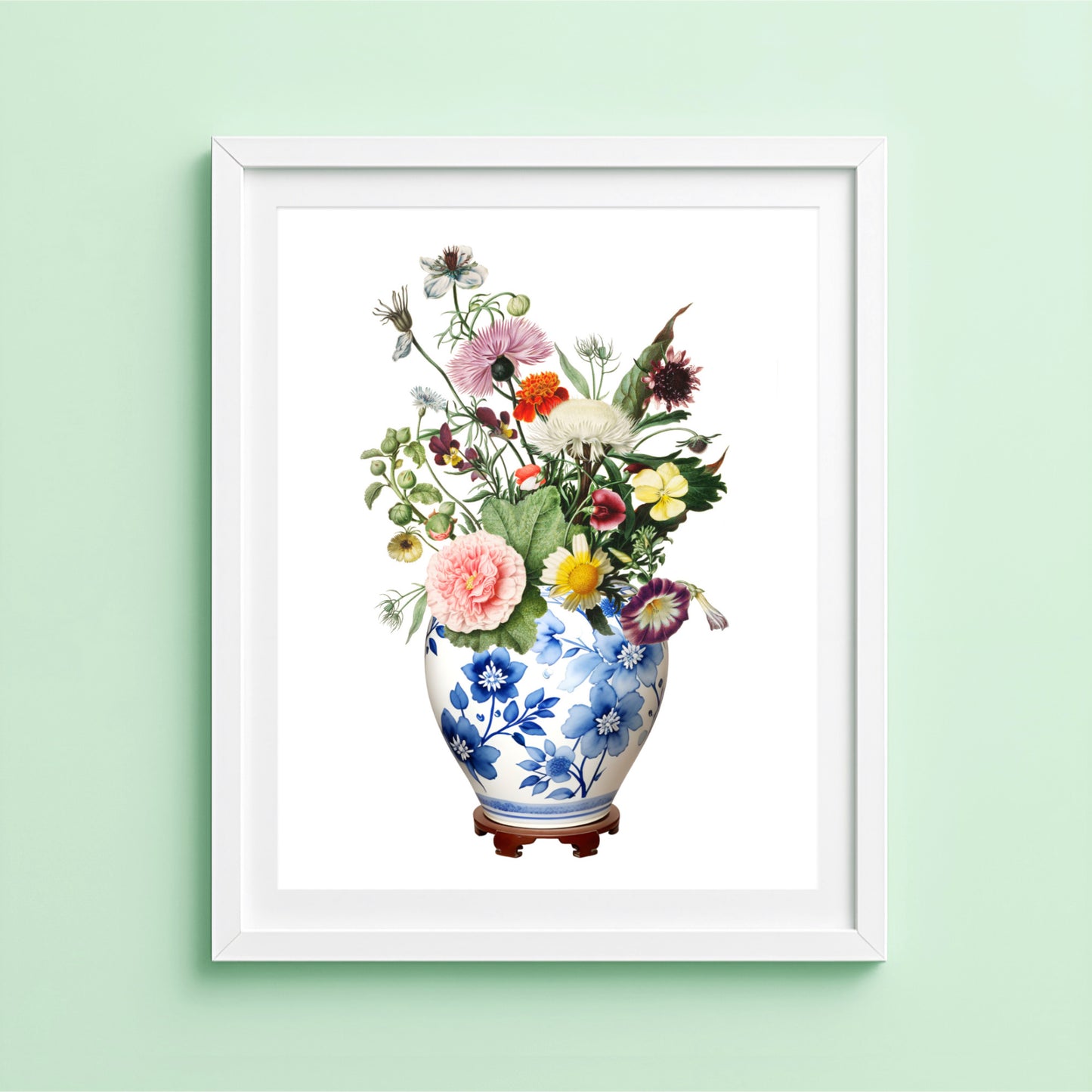 Ginger jar print with colourful wildflowers in blue and white vase