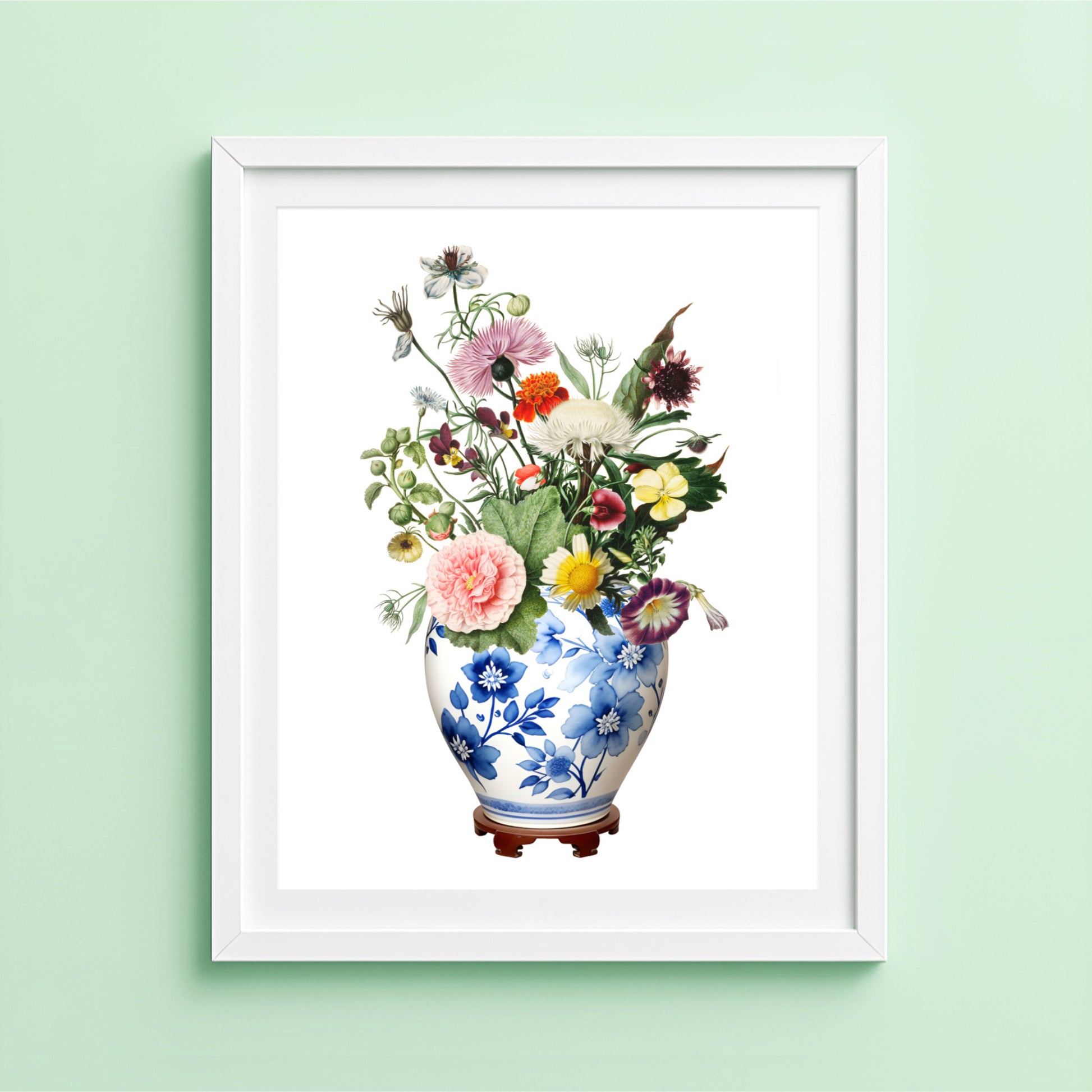Ginger jar print with colourful wildflowers in blue and white vase