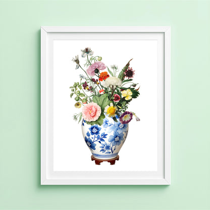 Ginger jar print with colourful wildflowers in blue and white vase