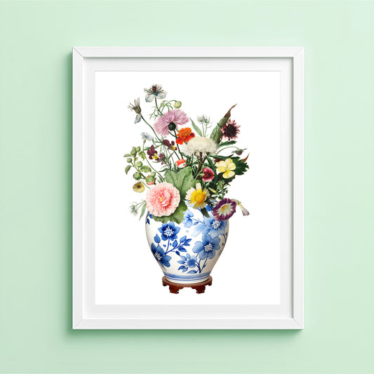 Ginger jar print with colourful wildflowers in blue and white vase