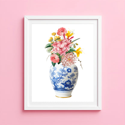 Ginger jar floral art print with pink and yellow bouquet