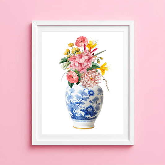 Ginger jar floral art print with pink and yellow bouquet