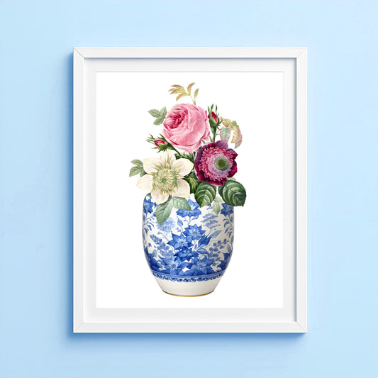 Ginger jar art print with pink rose and anemone flowers