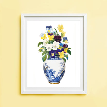 Ginger jar art print with pansy flower bouquet