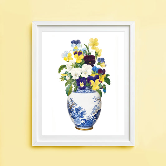 Ginger jar art print with pansy flower bouquet
