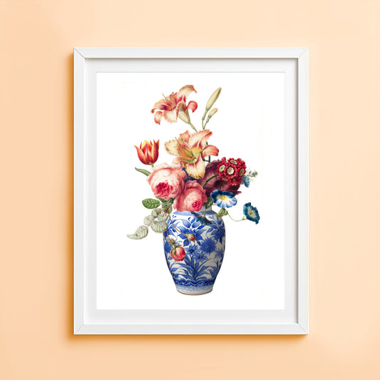 Ginger jar art print with lilies and roses