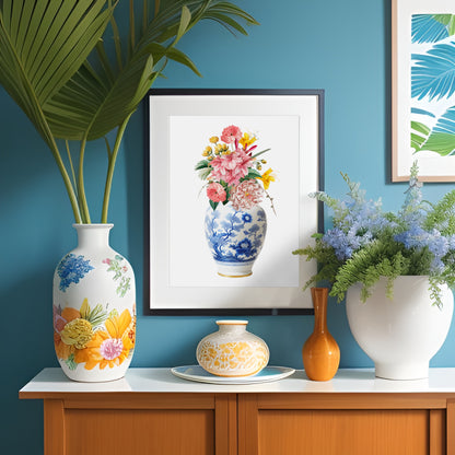 Ginger jar with pink and yellow bouquet print