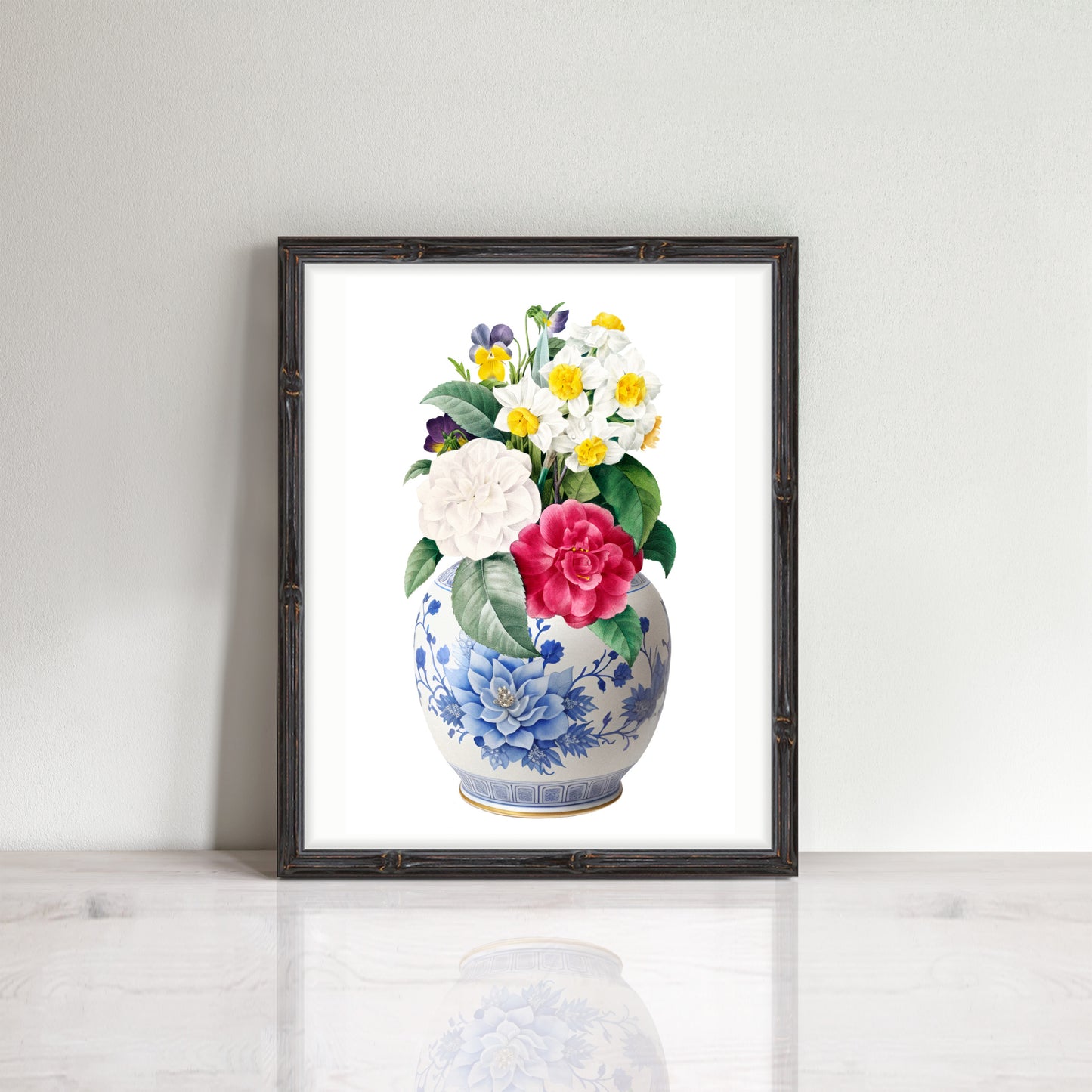 print featuring a vibrant bunch of flowers, camellias, pansies etc  in a classic blue and white china ginger jar