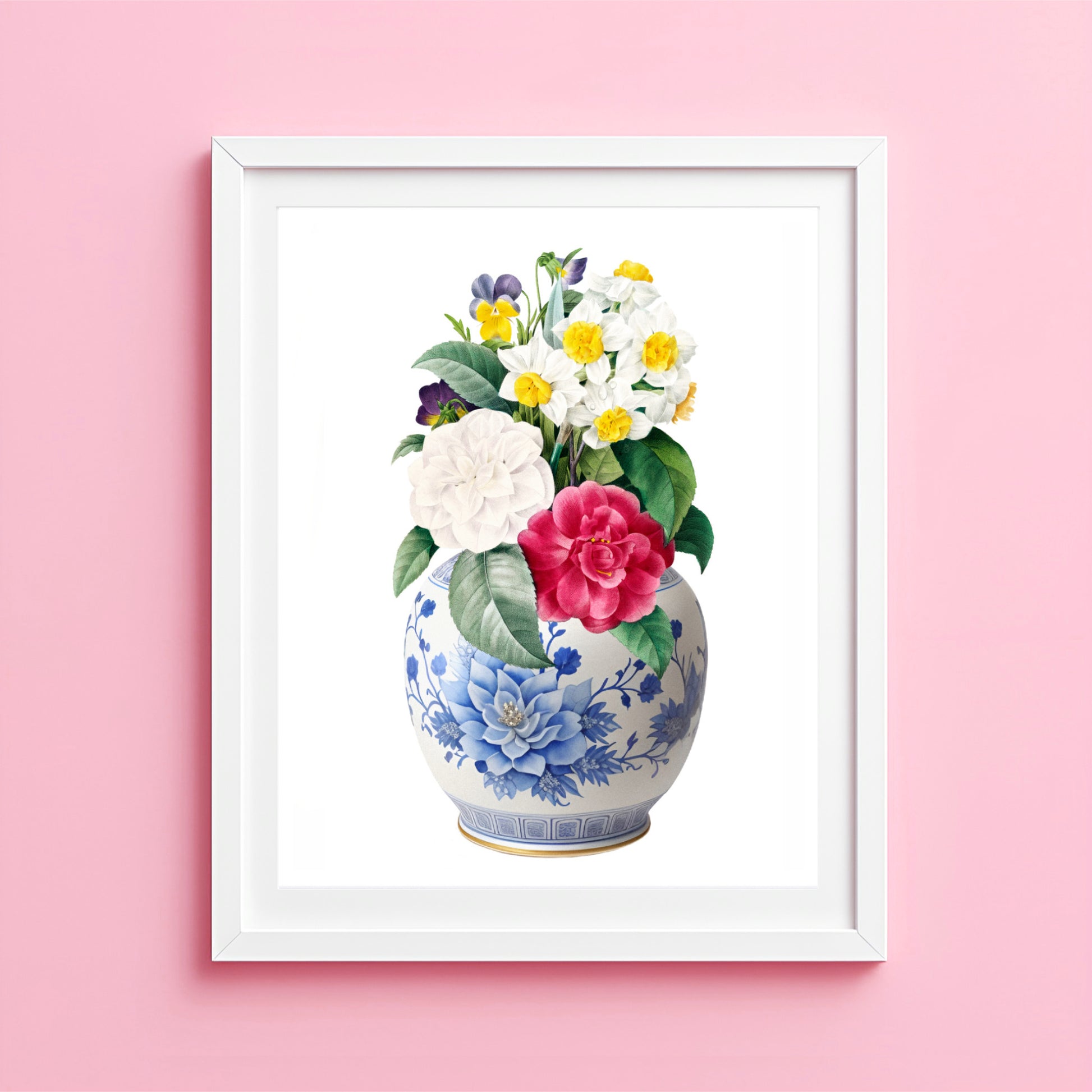 Ginger jar art print with camellias, pansies and floral arrangement