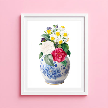 Ginger jar art print with camellias, pansies and floral arrangement