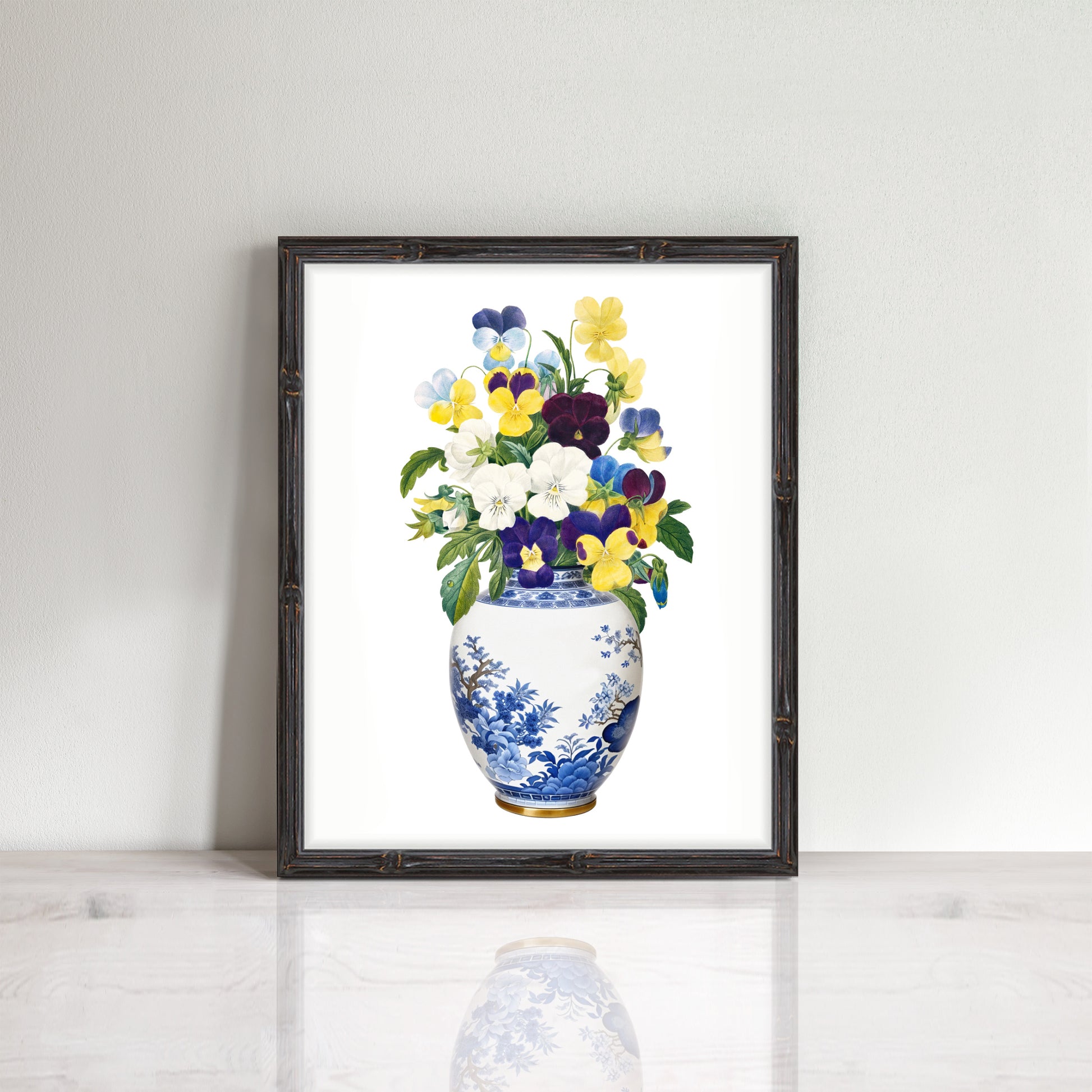 print of bunch of pansy flowers in a classic blue and white china ginger jar.