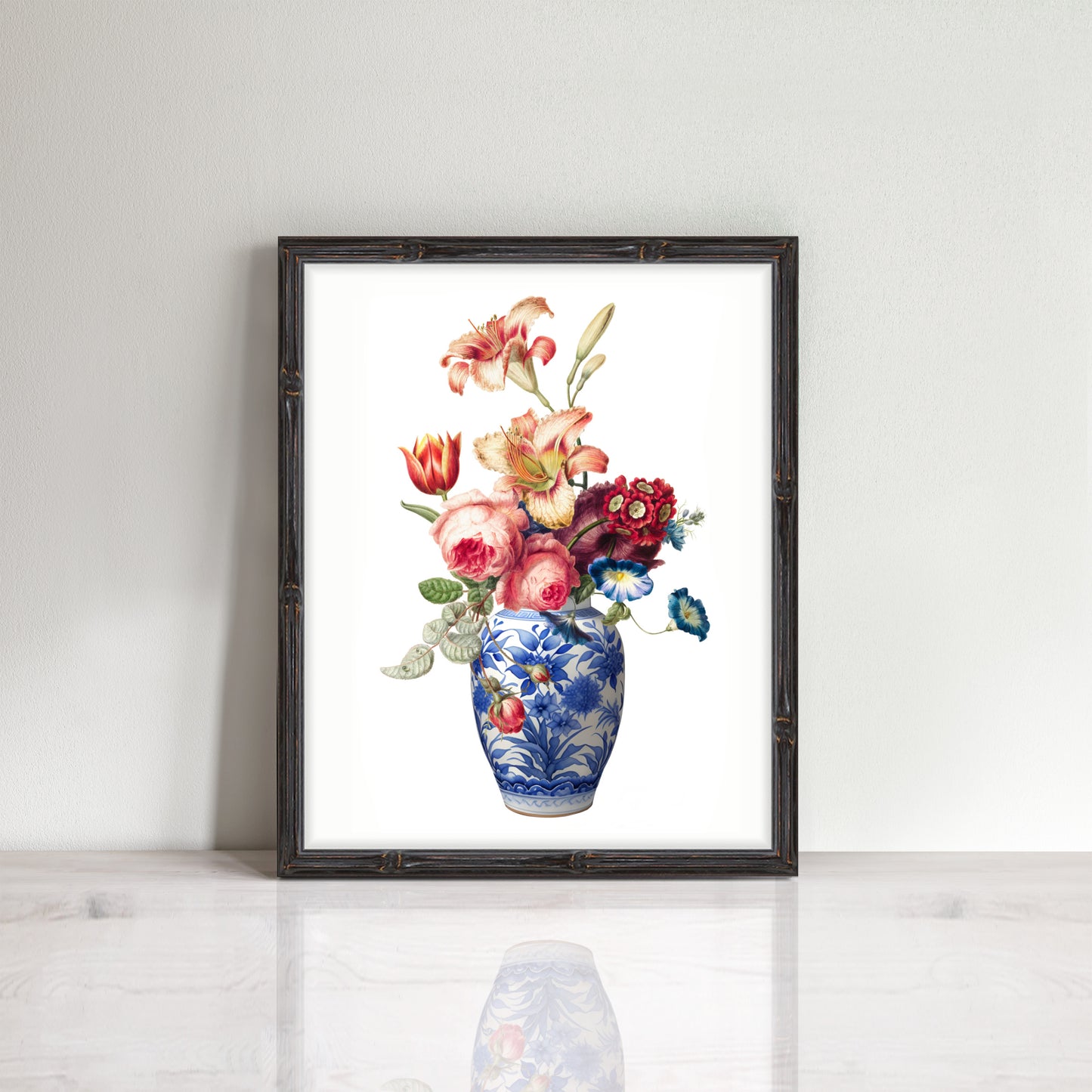 Chinoiserie chic print of a ginger jar with flowers in it
