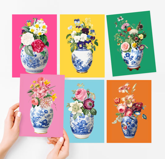 colourful set of six floral greeting cards showcases charming flowers in ginger jars against vibrant backgrounds