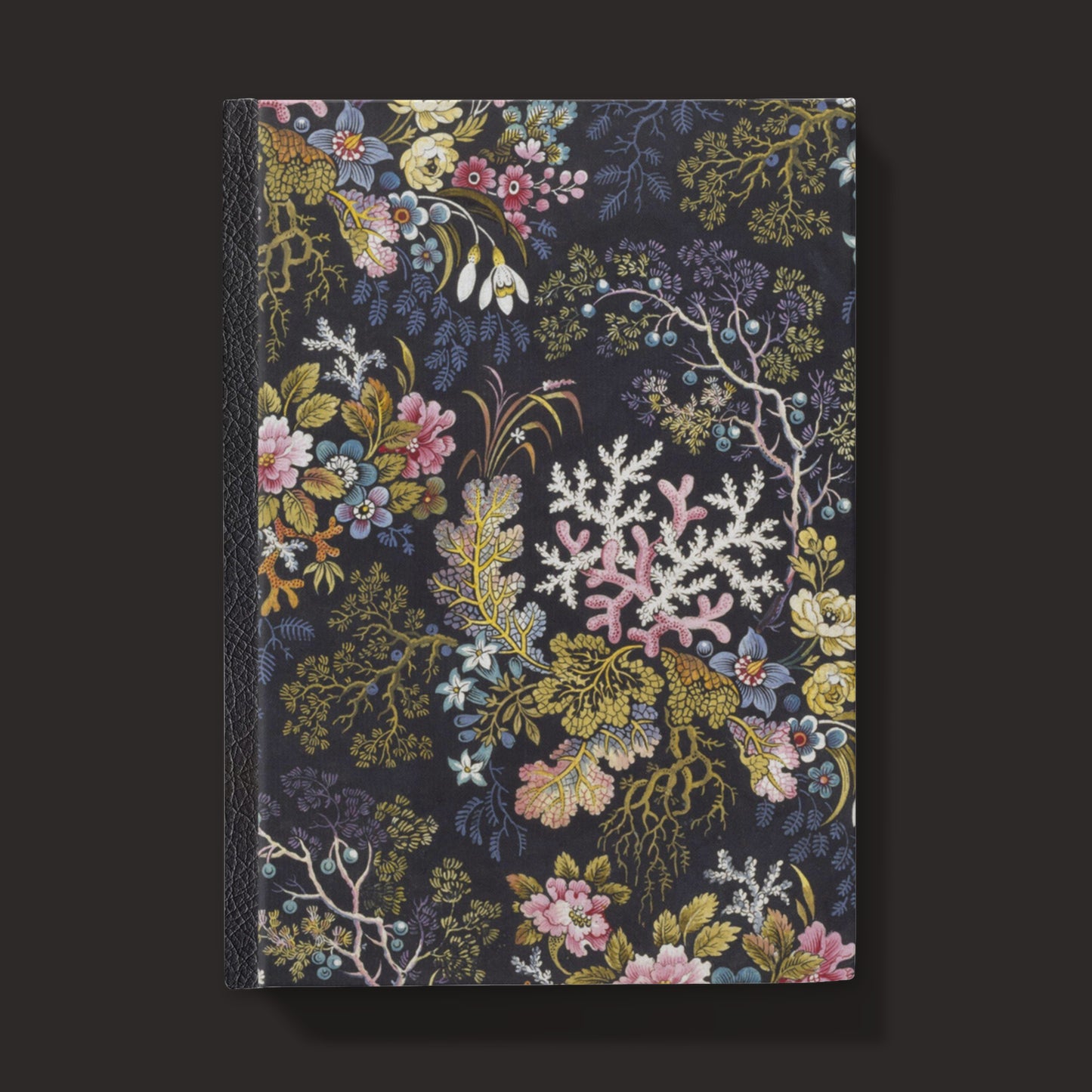 hardcover journal on black background dark vintage vibe floral cover with seaweed and coral design