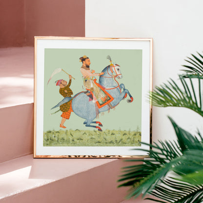 Vintage Indian prince on blue horse print