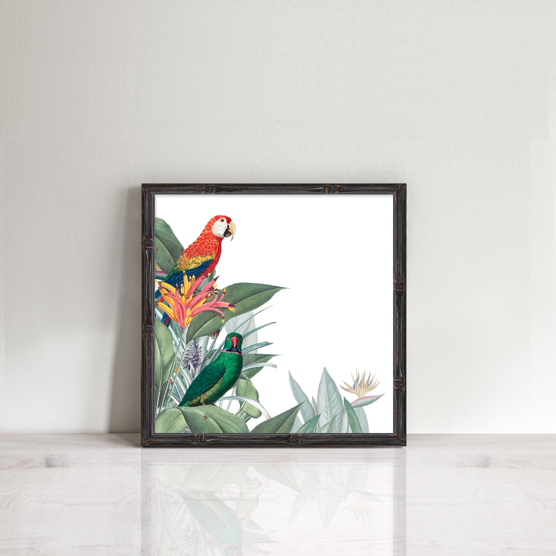 vintage red and green Vintage tropical parrots print
