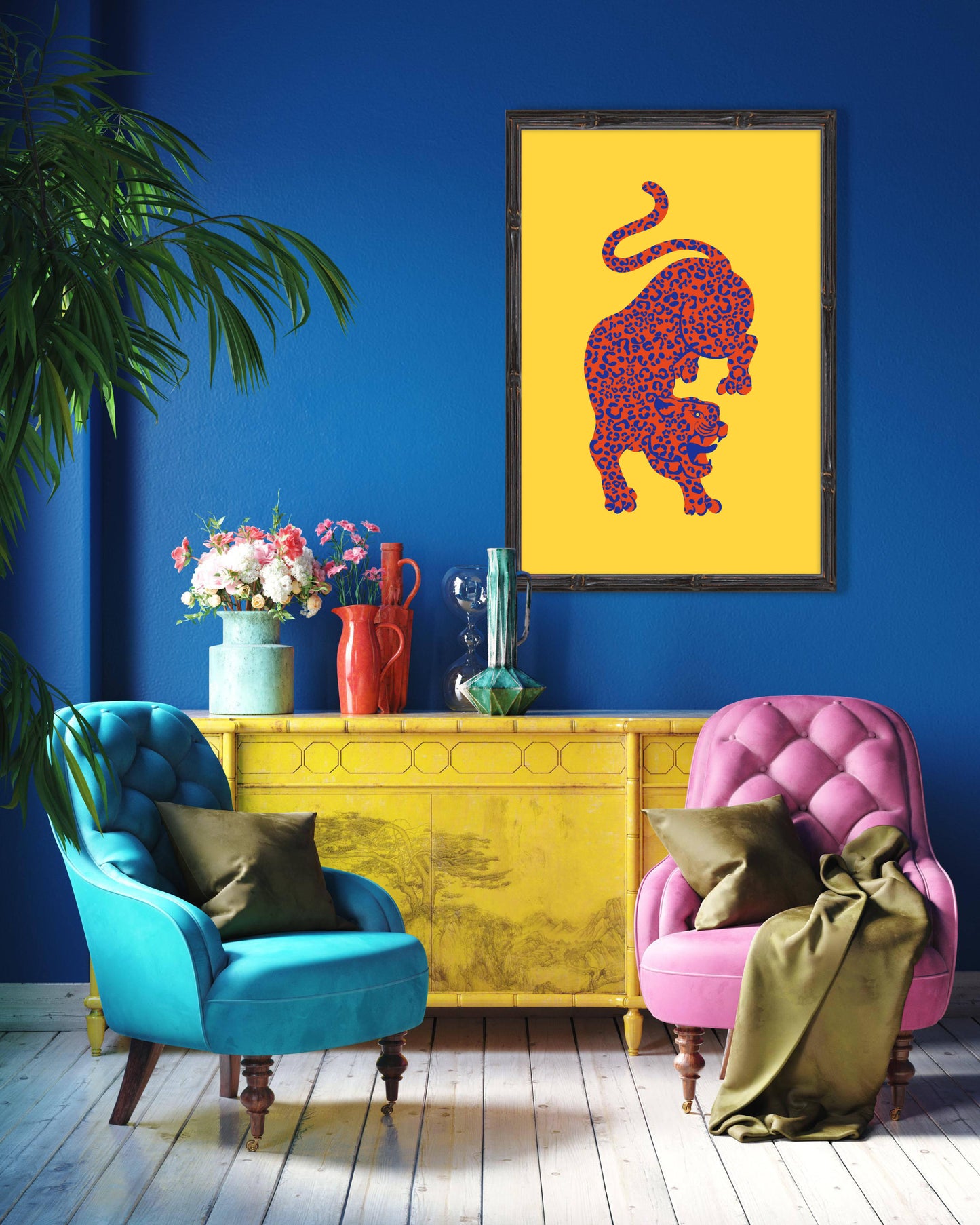 bold eclectic colourful room with yellow leopard print