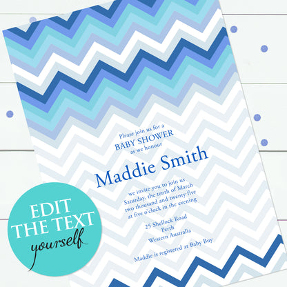 Chevron blue invite - INSTANT DOWNLOAD PDF