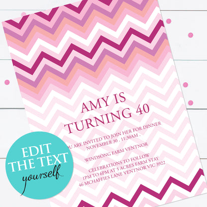 Chevron pink invite - INSTANT DOWNLOAD PDF