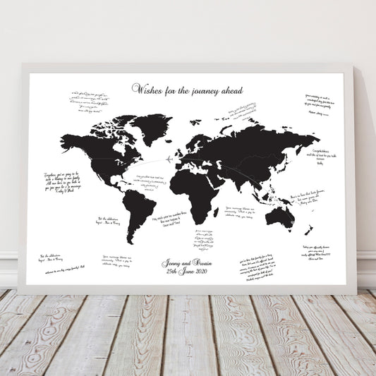 World map wedding guest book print with signatures