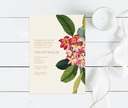 invitation with cream background and pink Frangipanis