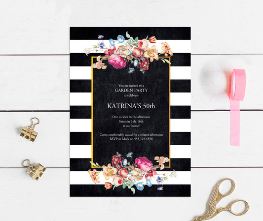black and white striped invitation with flowers
