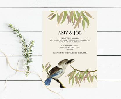 Kookaburra and gum leaf invite