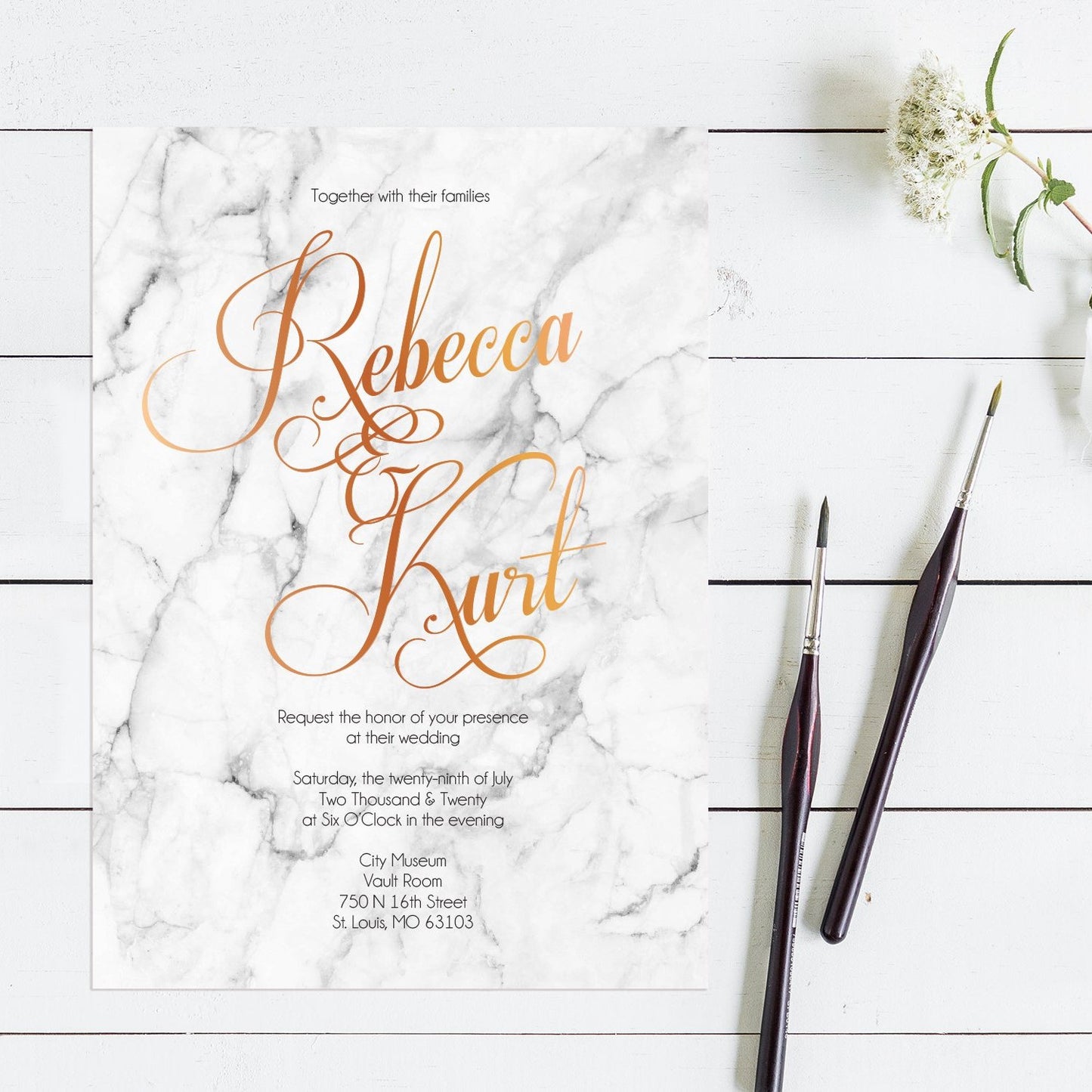 Elegant marble wedding invitation with copper script