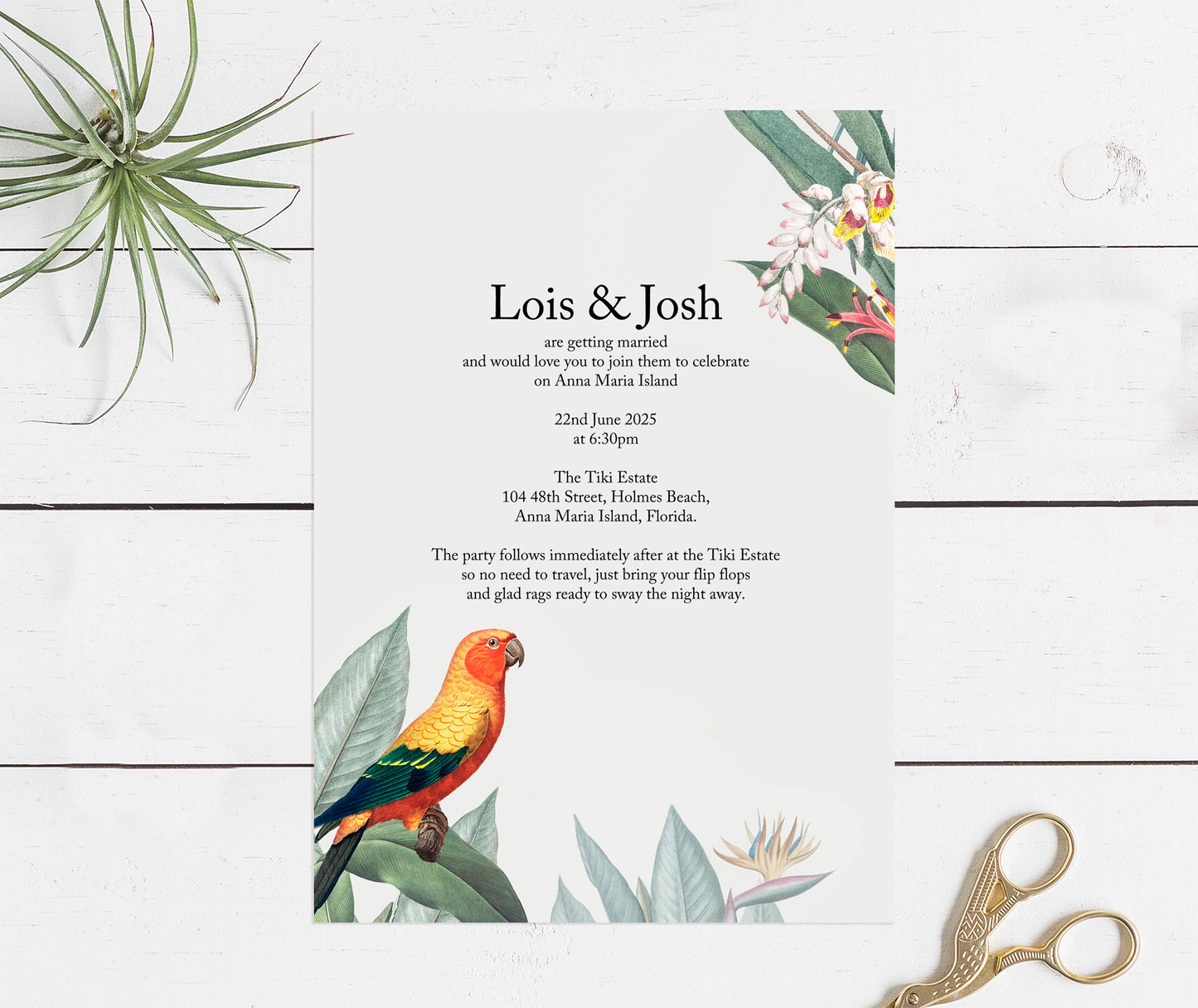 invitation with Tropical parrot design