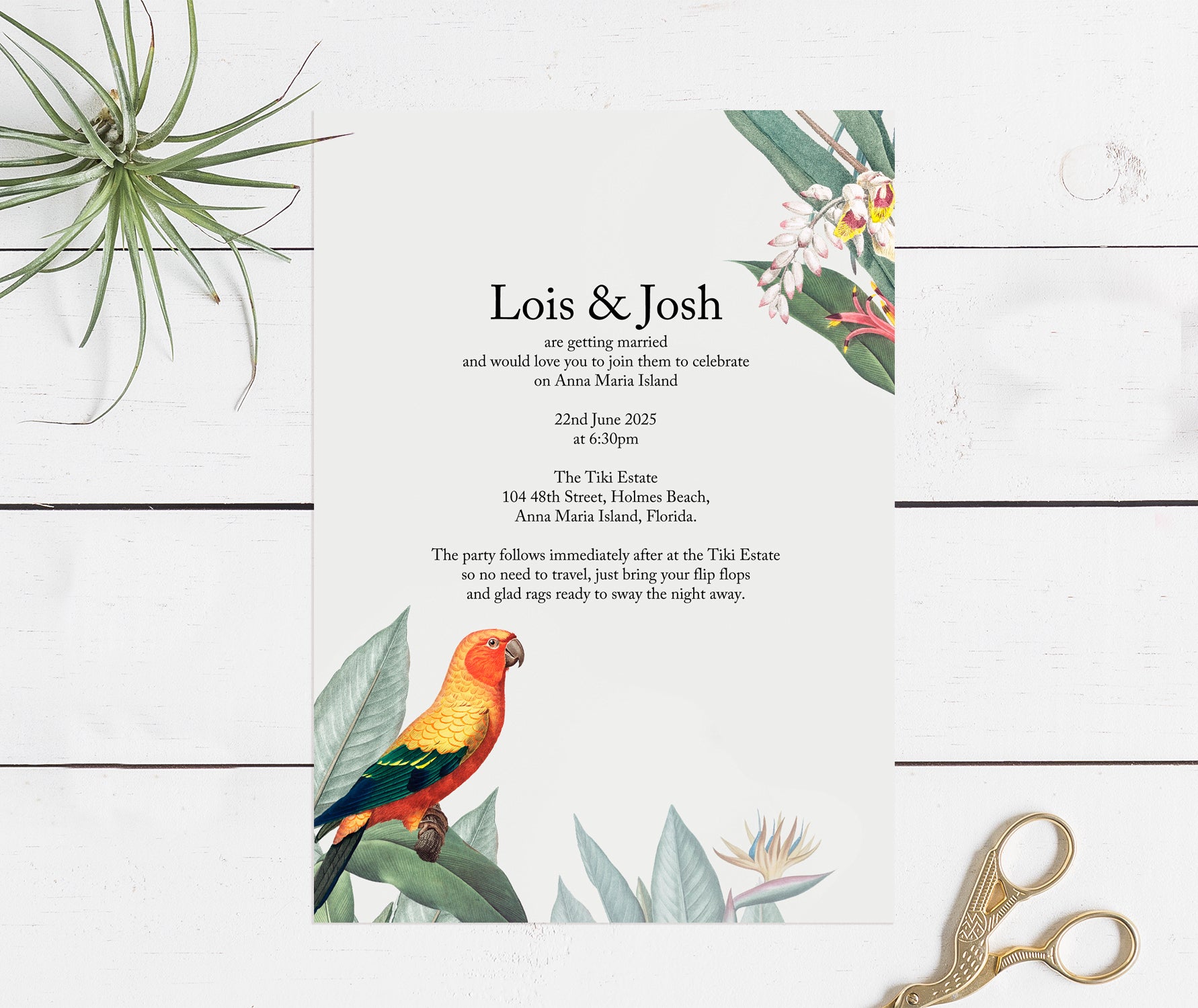 invitation with Tropical parrot design