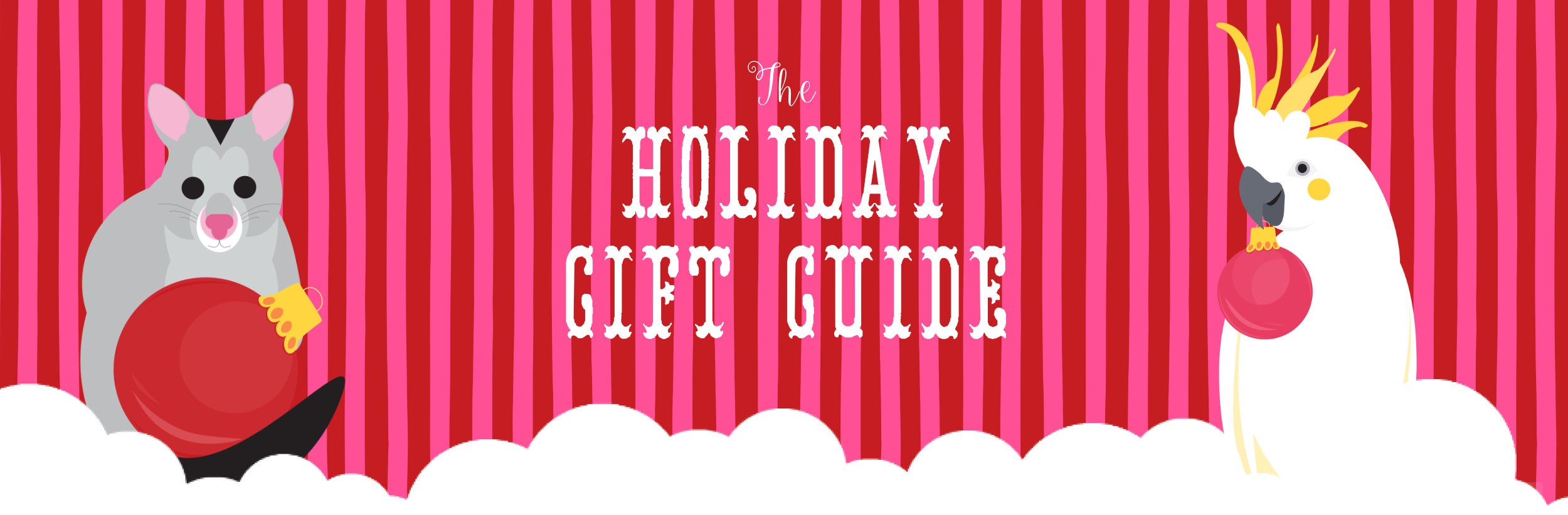 Text 'The Holiday Gift Guide' on a red and pink striped background with white snowflakes.