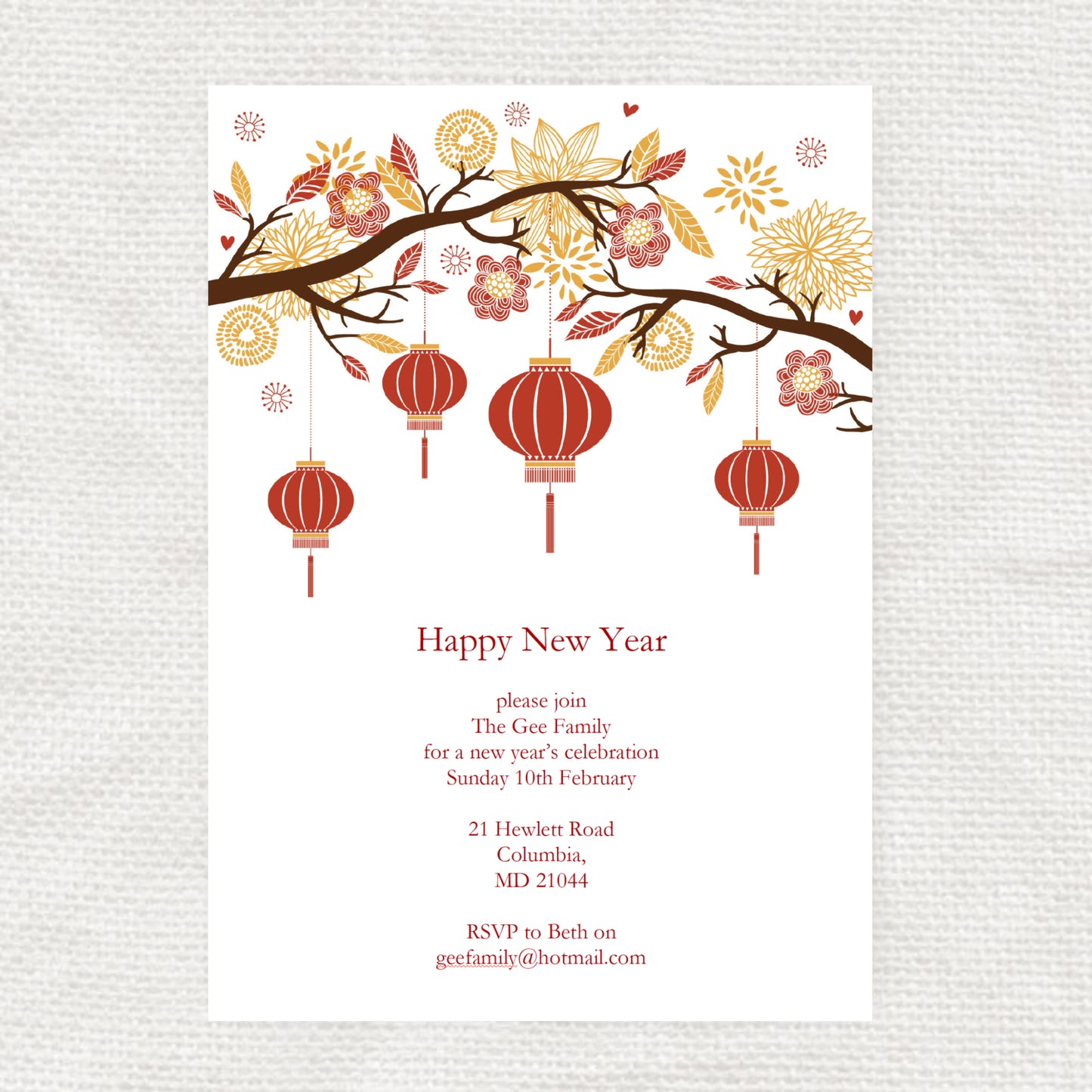 Chinese new year invitation with red lantern design