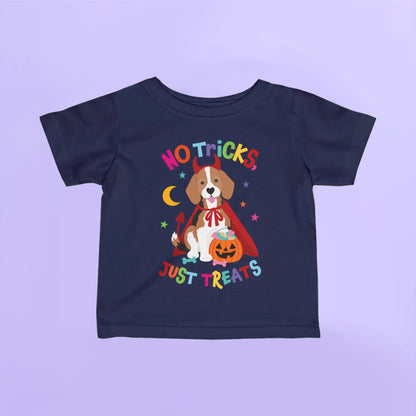 Navy kids Halloween t shirt featuring a beagle dressed as a devil holding a pumpkin treat bucket with the words "No Tricks, Just Treats".