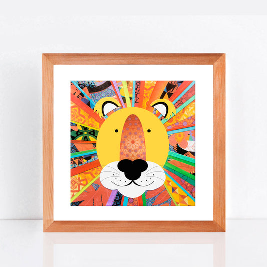 paper collage of lion with rainbow mane as a print in frame