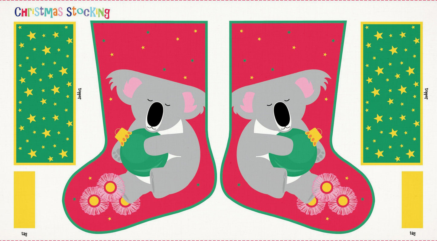 Australian Christmas stocking fabric panel with koala design