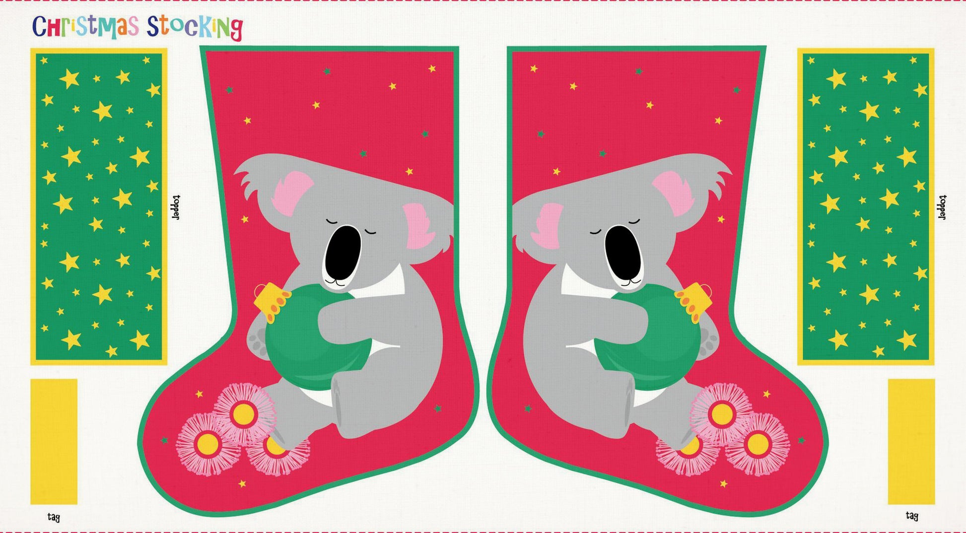 Australian Christmas stocking fabric panel with koala design