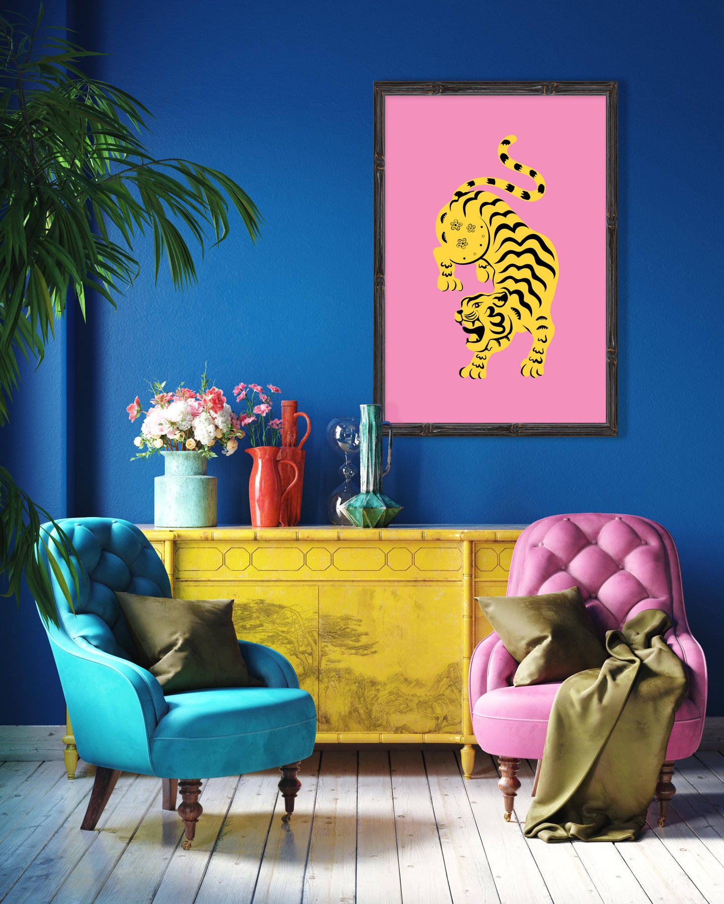 colourful maximalist home with pink tiger print